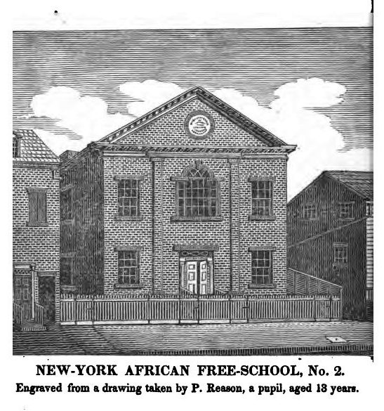 Engraving of the New-York African Free-School No. 2 building, a two-story schoolhouse behind a picket fence, with the printed caption: Engraved from a drawing taken by P. Reason, a pupil, aged 13 years.